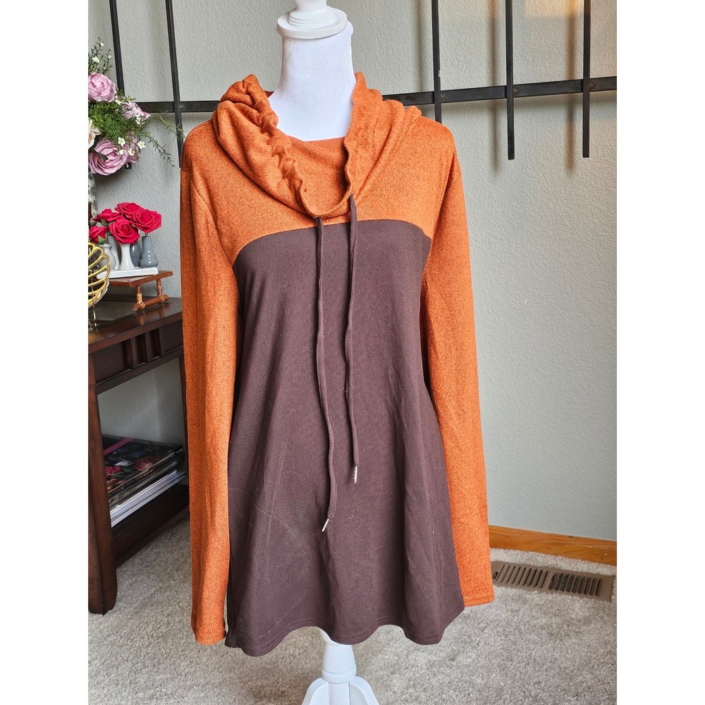 Belle by Kim Gravel Tunic Women Large Orange Brown Colorblock Cowl Neck Top